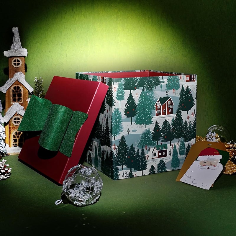 LaRibbons Large Christmas Gift Boxes with Lids,10x10x10 Inches Christmas Tree Design Folding Square Gift Boxes for Holiday Decorative,Xmas,Present,Storage,Green - Image 2